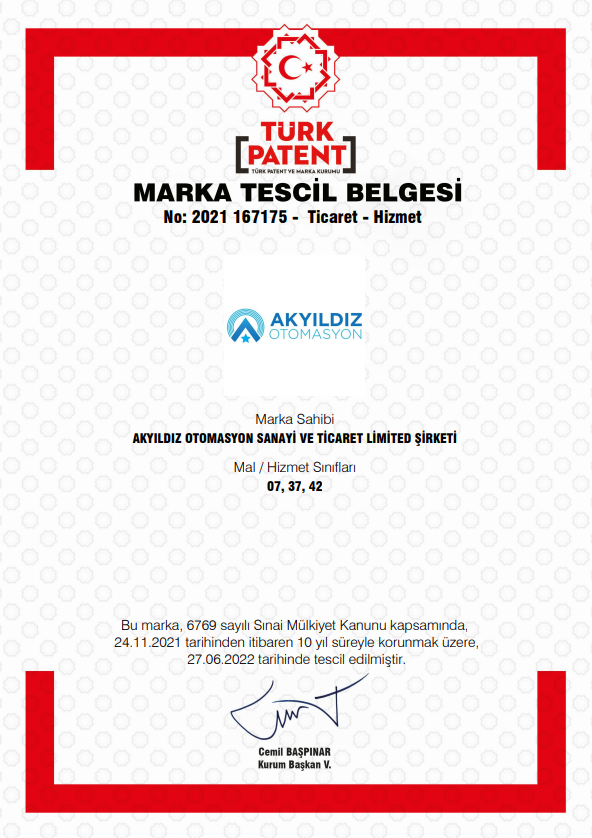 Akyıldız Otomasyon Marka Tescil Belgesi