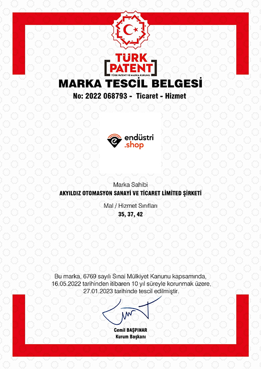 Endustri.Shop Marka Tescil Belgesi