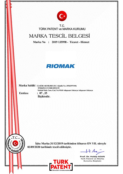 Riomak Marka Tescil Belgesi